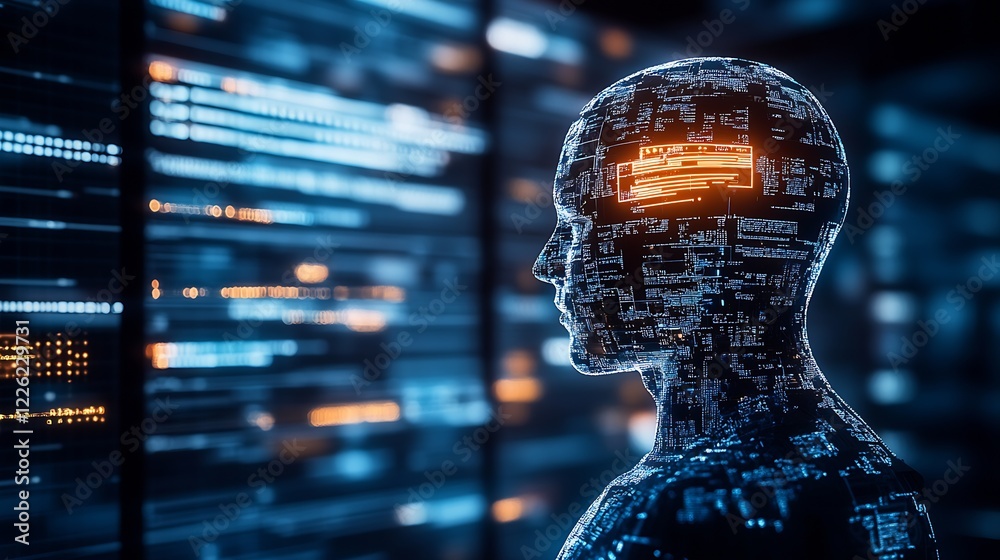 Poster Futuristic Digital Human with Code Interface in Dark Cyberspace Background : Generative AI