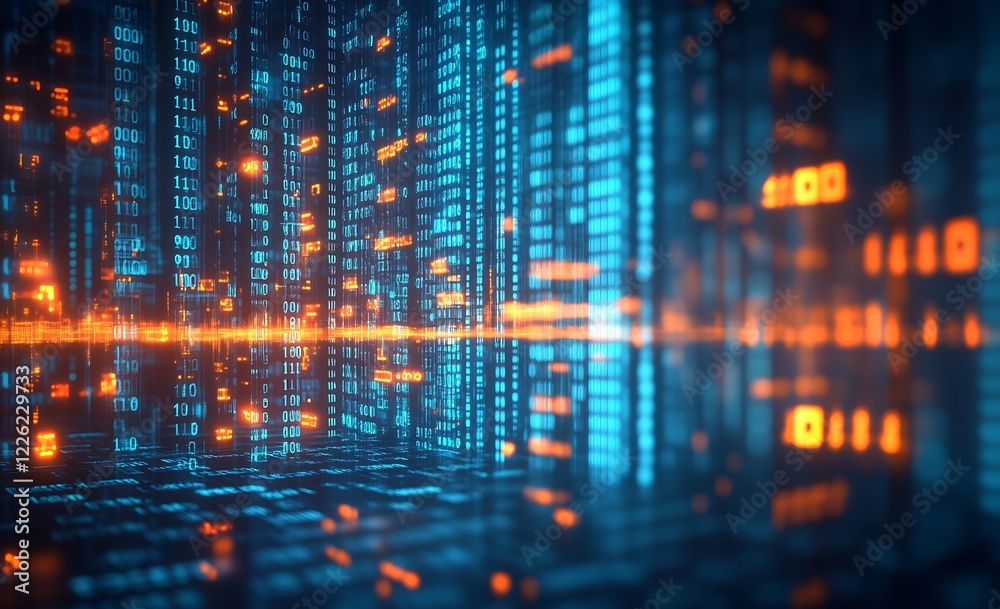 Fototapete Abstract Blue and Orange Digital Data Stream with Binary Code Fot Internet Networks : Generative AI
