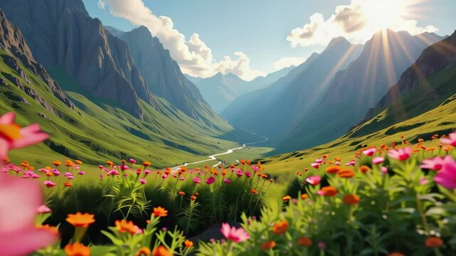Breathtaking Nature Wallpaper: Pink and Oran Meadow with Lush Green Grass, River, and Majestic Mountain Ran under a Clear Blue Sky