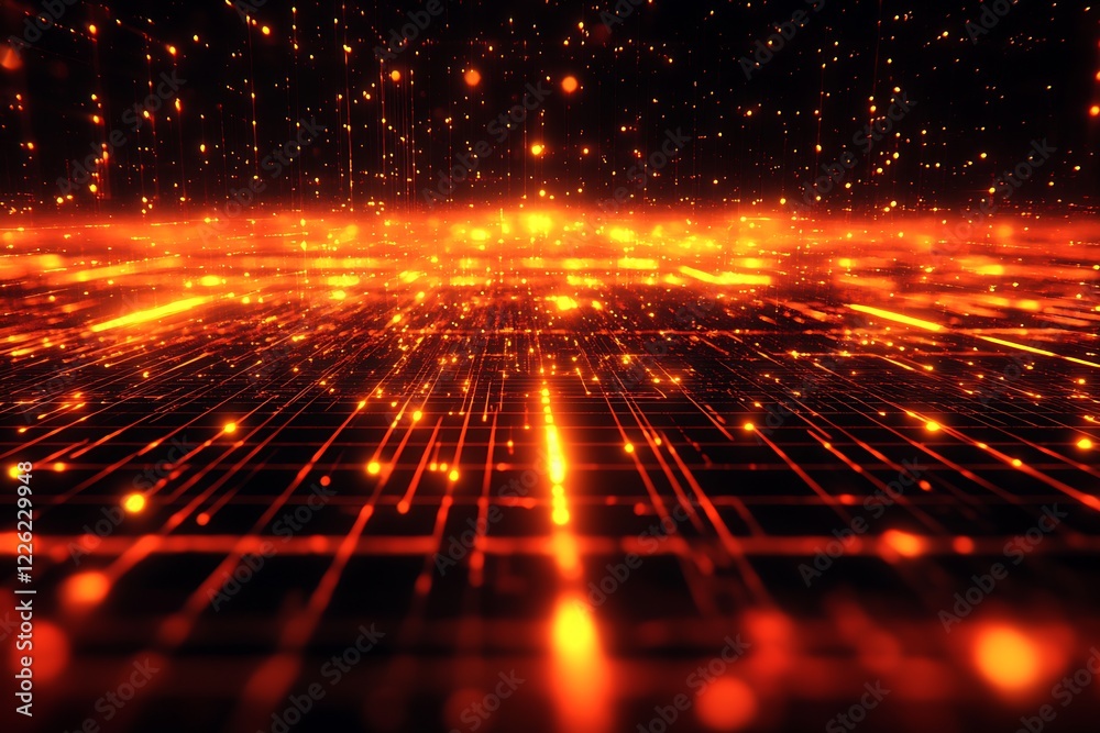 Poster Futuristic Digital Grid with Glowing Orange Matrix and Dynamic Light Patterns : Generative AI