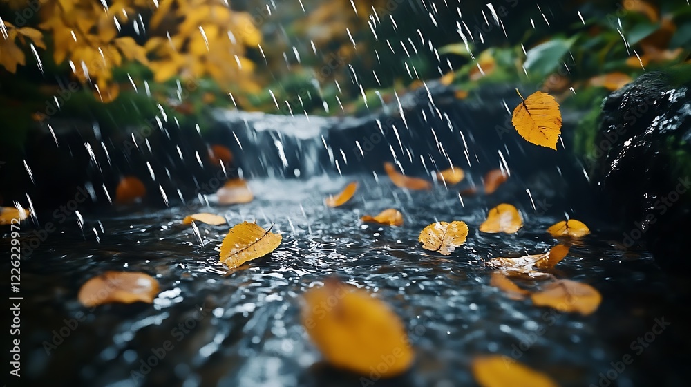Poster tranquil autumn scene with golden leaves and raindrops in natural forest setting : generative ai