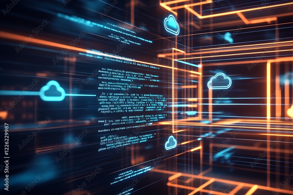 Poster Futuristic Digital Interface with Cloud Computing and Neon Code : Generative AI