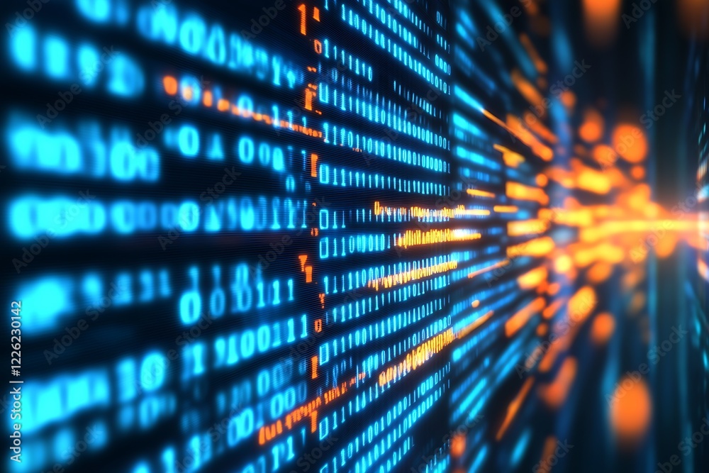 Aufkleber Bright digital data stream with vibrant binary code highlighting technological advancements : Generative AI