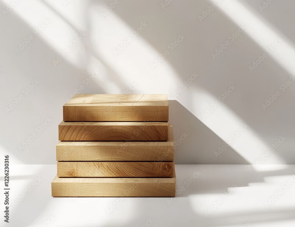 Poster stacked wooden blocks on white background with sunlight.