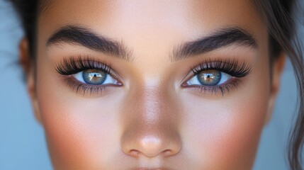 Naklejka premium Close-up of woman's face, showing eyes, lashes, and skin.