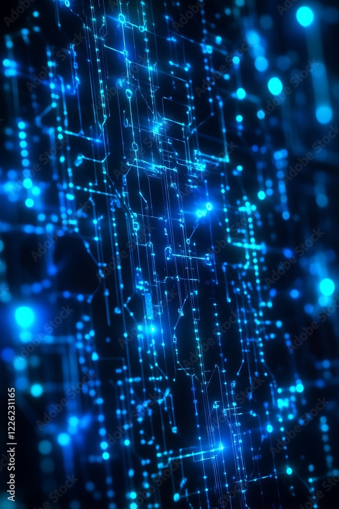 Poster Abstract glowing blue digital circuit network on a dark futuristic background : Generative AI