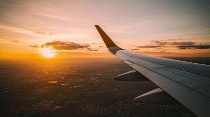 Fototapeta premium Minimalist airplane travel photography, plane wing against a glowing sunset