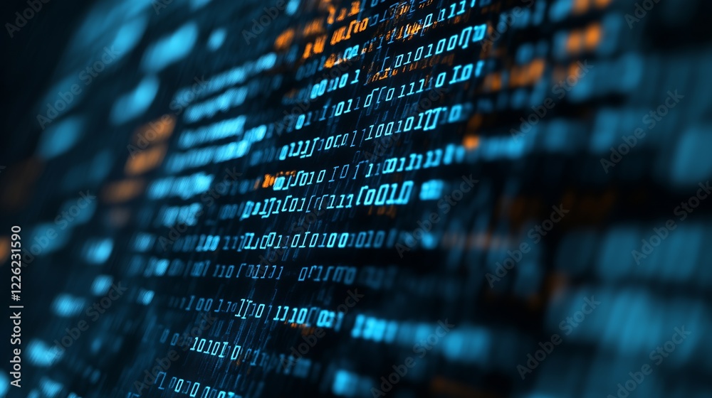 Fototapete Abstract Blue Digital Binary Code Pattern Representing Technology and Data Matrix : Generative AI