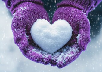 Winter Heart of Snow in Knitted Mittens on a Cold Day