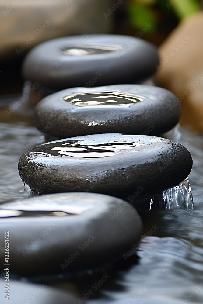 Poster smooth zen stones in a tranquil flowing stream for meditation serenity : generative ai
