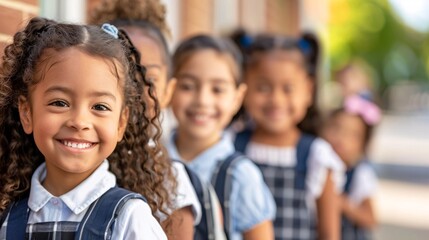 Diverse group of primary school girls wearing uniforms are smiling outside school