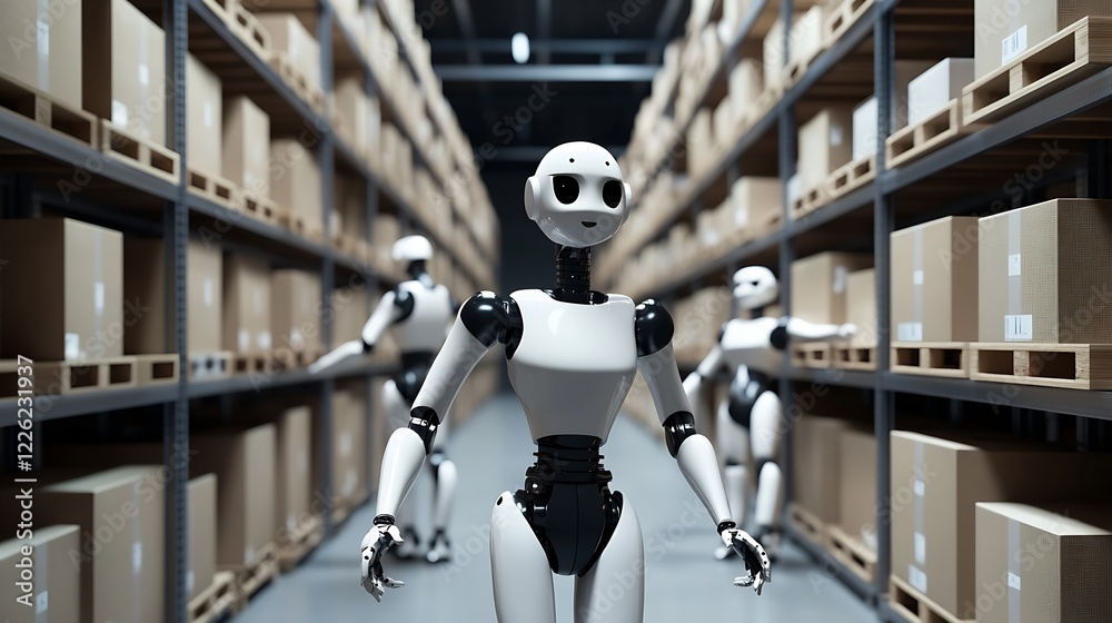 Poster Futuristic Robots in Automated Warehouse Managing Logistics and Supply Chains : Generative AI