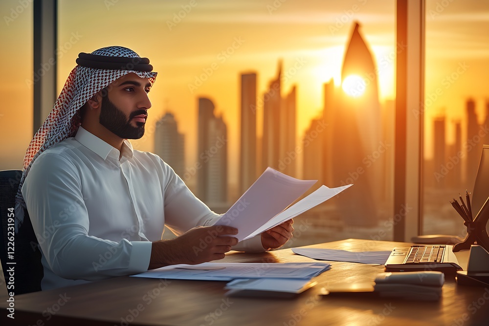 Poster Businessman Analyzing Documents at Sunset in Modern Office with Cityscape View : Generative AI