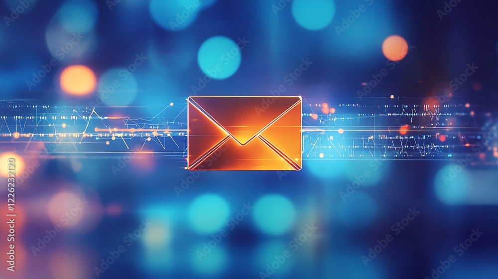 Poster digital email icon surrounded by abstract blue and orange bokeh light effects : generative ai