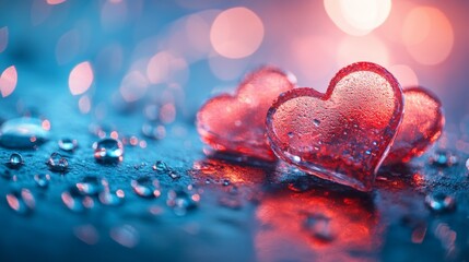 Obraz premium Vibrant heart-shaped ice pieces on a shimmering surface surrounded by droplets during a romantic setting