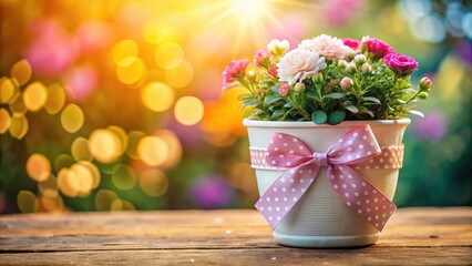 Beautifully Decorated Flower Pot with White Heart and Pink Ribbon for Home Decor, Gift Ideas, and Floral Arrangements
