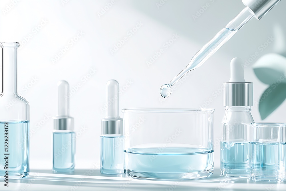 Poster collection of laboratory glassware with blue liquid and pipette on white background : generative ai