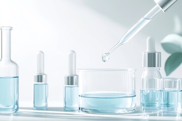 Collection of Laboratory Glassware with Blue Liquid and Pipette on White Background : Generative AI