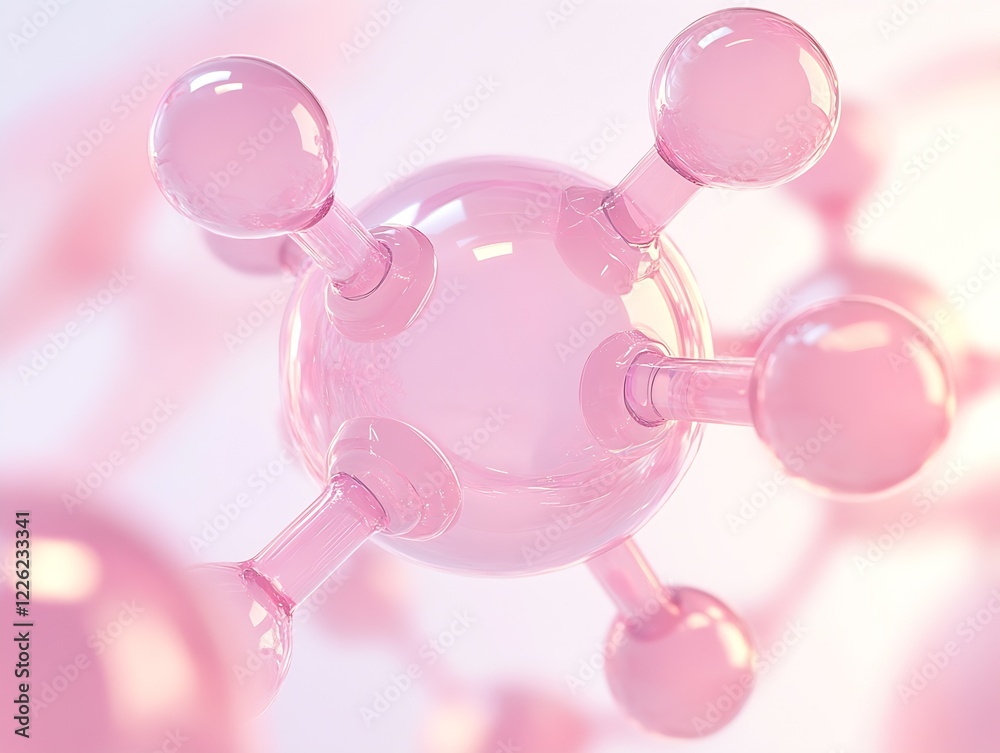 Aufkleber Abstract Pink Molecular Structure with Glossy Spheres and Soft Focus Background : Generative AI