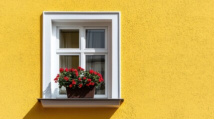 A bright yellow wall features a window adorned with a flower box filled with red flowers.
