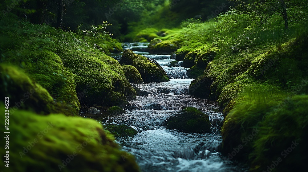 Poster serene flowing stream amidst lush moss covered rocks in a natural forest setting : generative ai
