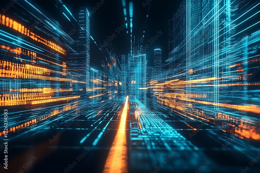 Poster Dynamic Urban Cityscape with Virtual Light Trails and Futuristic Architecture : Generative AI