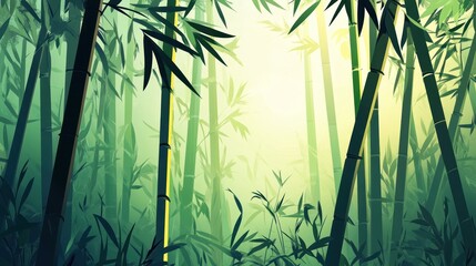 Sunlit bamboo forest, green foliage, misty atmosphere.