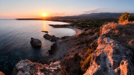 Breathtaking sunset over coastal landscape mediterranean sea scenic photography tranquil beach environment aerial view nature beauty