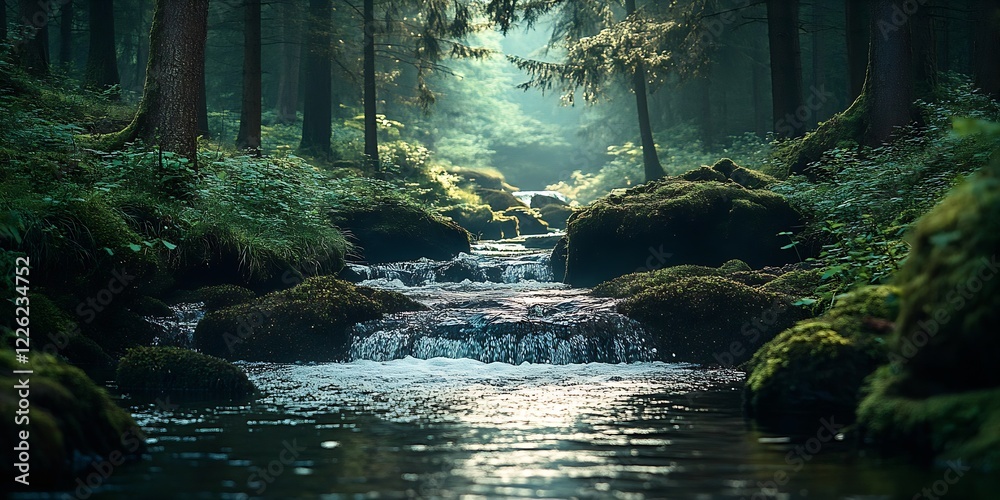 Poster tranquil forest waterfall with moss-covered rocks and sunlight through trees : generative ai