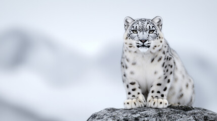 Obraz premium Majestic snow leopard sitting on a rocky ledge, showcasing grace and strength against a serene snowy landscape