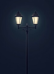 Two-lamp post illuminated at night.