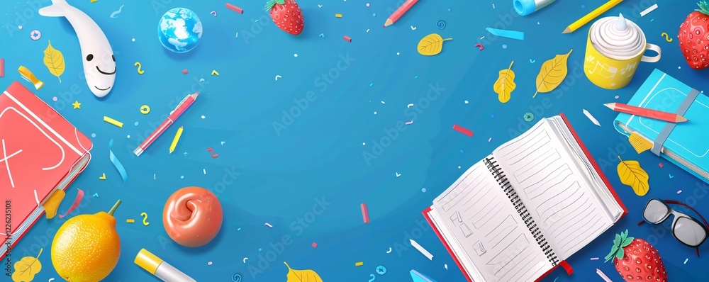 Poster back to school concept with open notebook and stationery on blue background