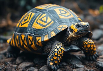 Obraz premium Stunning Close-Up of a Vibrant Yellow and Black Tortoise Crawling on Rocky Ground in Natural Habitat, Captured in Perfect Detail for Nature Lovers