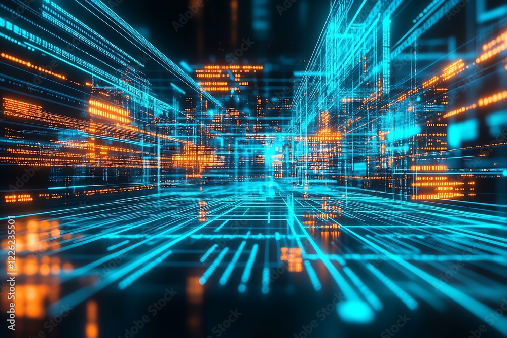 Poster Illuminated Digital Network Grid with Abstract Tech Art in Bright Lights : Generative AI