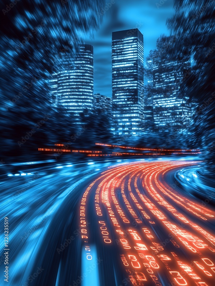Aufkleber Dynamic urban digital highway with binary data streams and futuristic cityscape at night : Generative AI