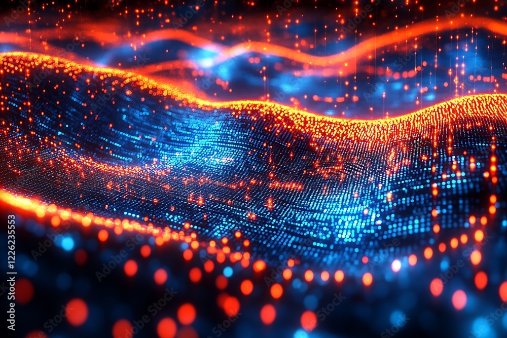 Poster Innovative Tech Wave Pattern with Dynamic Red and Blue Neon Lights : Generative AI