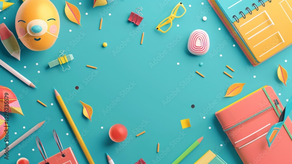Poster funny stationery creating a frame on a blue background with back to school concept