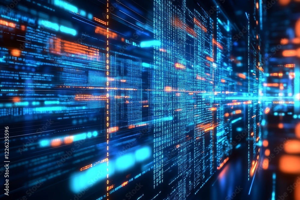 Leinwandbilder Abstract Digital Matrix with Neon Blue and Orange Glowing Code Lines in a Technological Virtual Space : Generative AI