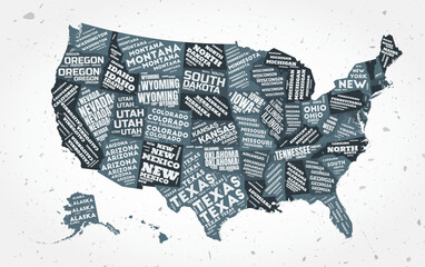 United States states word clouds. Country shape on textured background. Typographic style design. Stylish vector illustration.