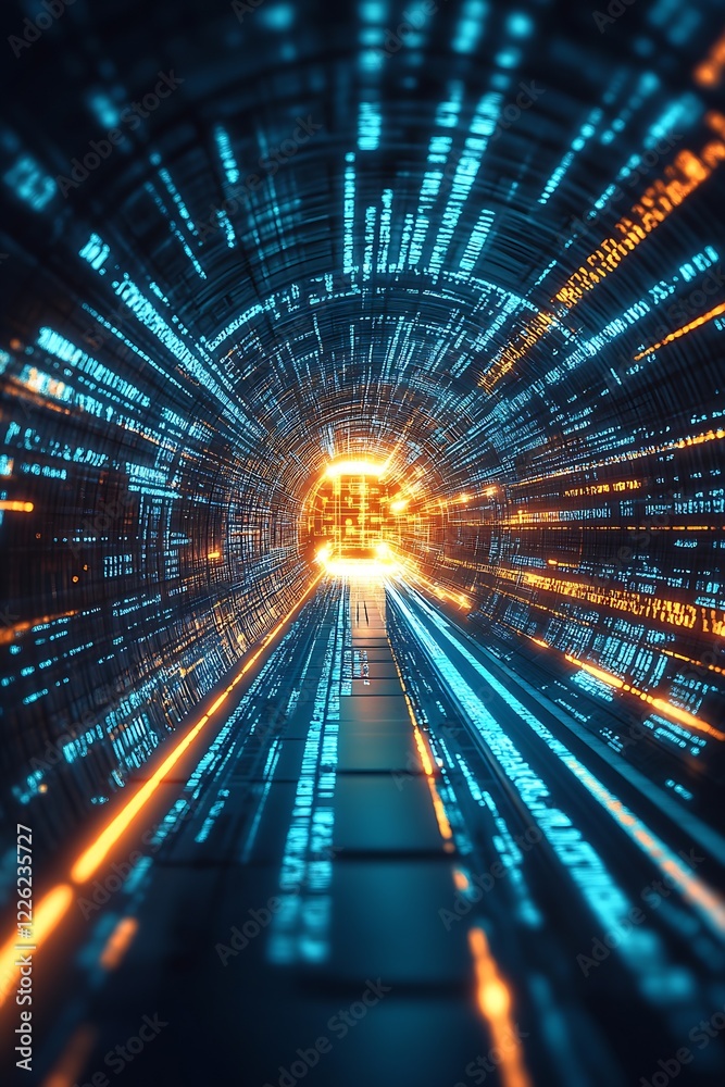 Poster innovative digital tunnel with blue and orange illumination and data stream : generative ai