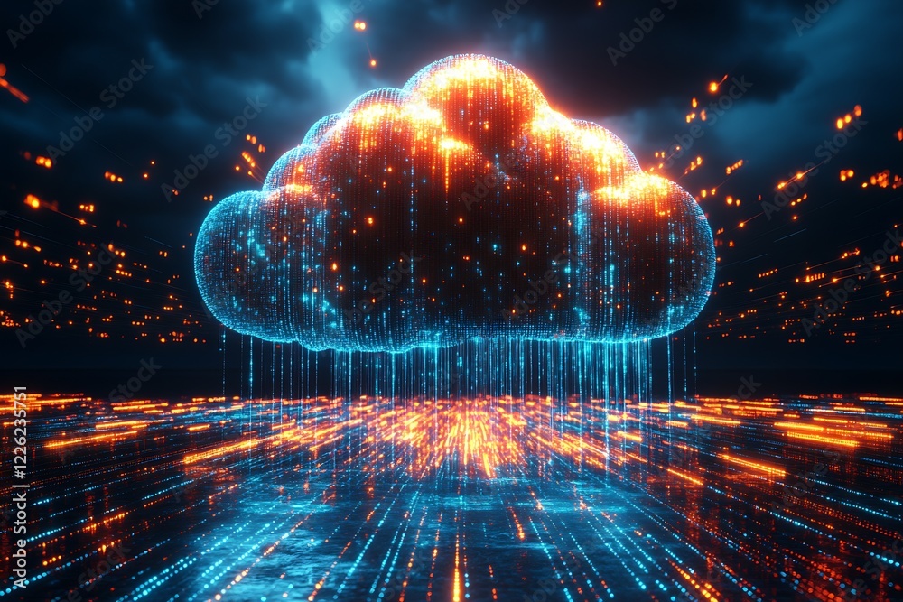 Fototapete Digital Cloud Surrounded by Futuristic Fiber Optic Lights in a Conceptual Data Network : Generative AI