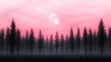 Ethereal silhouette of tall pine trees against a pink evening sky with a glowing moon creating a mystical ambiance in a serene forest setting