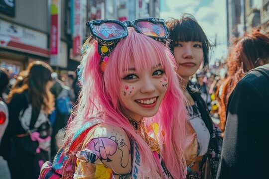 Japanese girls with colorful hair wig on a street