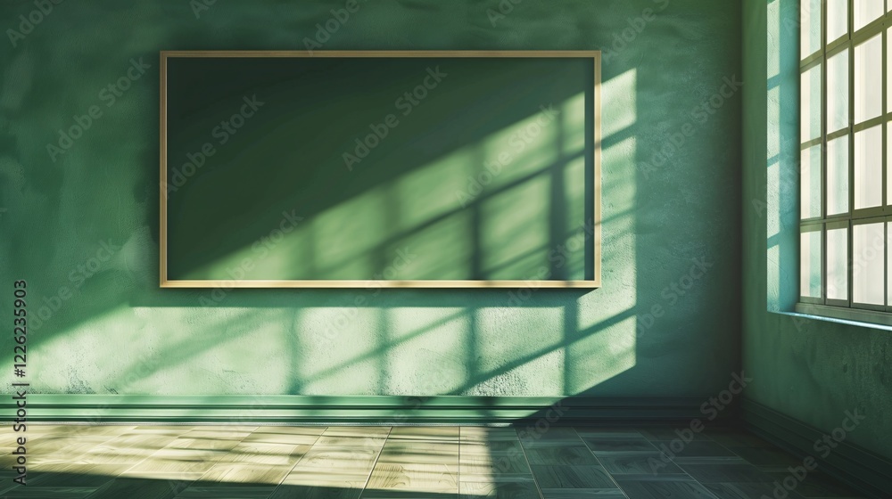 Aufkleber Sun shining through a window of an empty classroom casting shadows from the window frame on the green wall