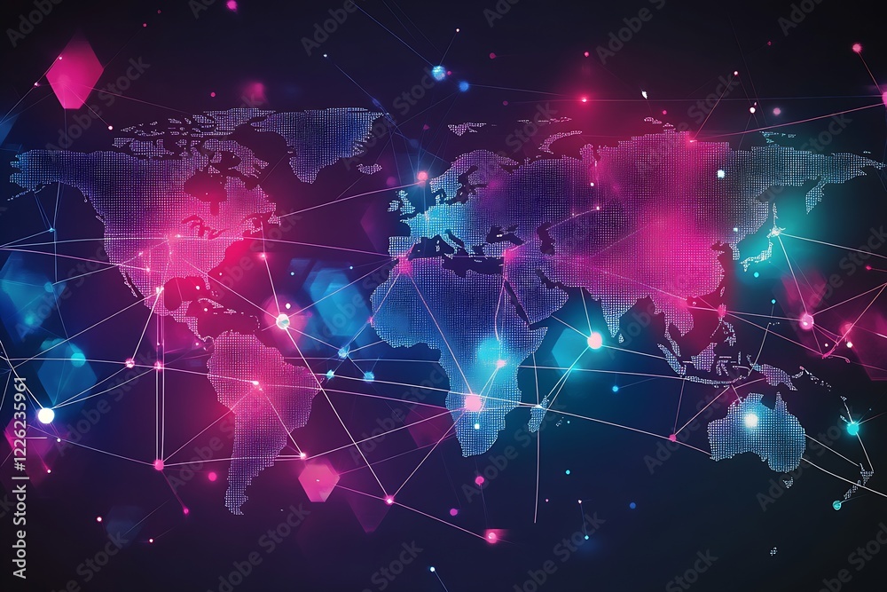 Aufkleber Digital World Map with Network of Global Connections in Technological Abstract Design : Generative AI
