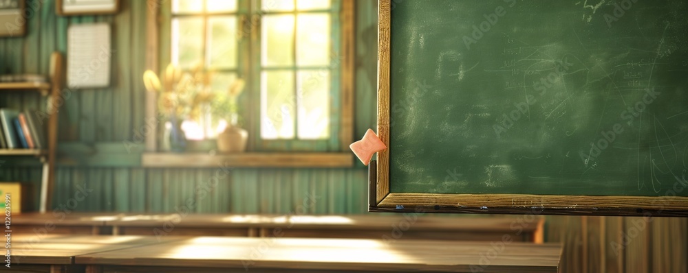 Poster classroom with an empty chalkboard and sunlight pouring in, reminiscent of school days
