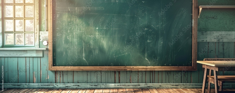 Poster sunlit empty classroom with blackboard in a vintage school building