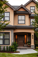 Obraz premium Luxury House Exterior: Modern Home Design and Architecture. Elegant Facade, Landscaping, and Stonework. Real Estate Property