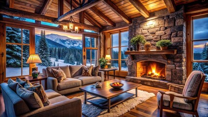 Fototapeta premium Cozy Cabin Fireplace Winter Scene: Urban Exploration Photography