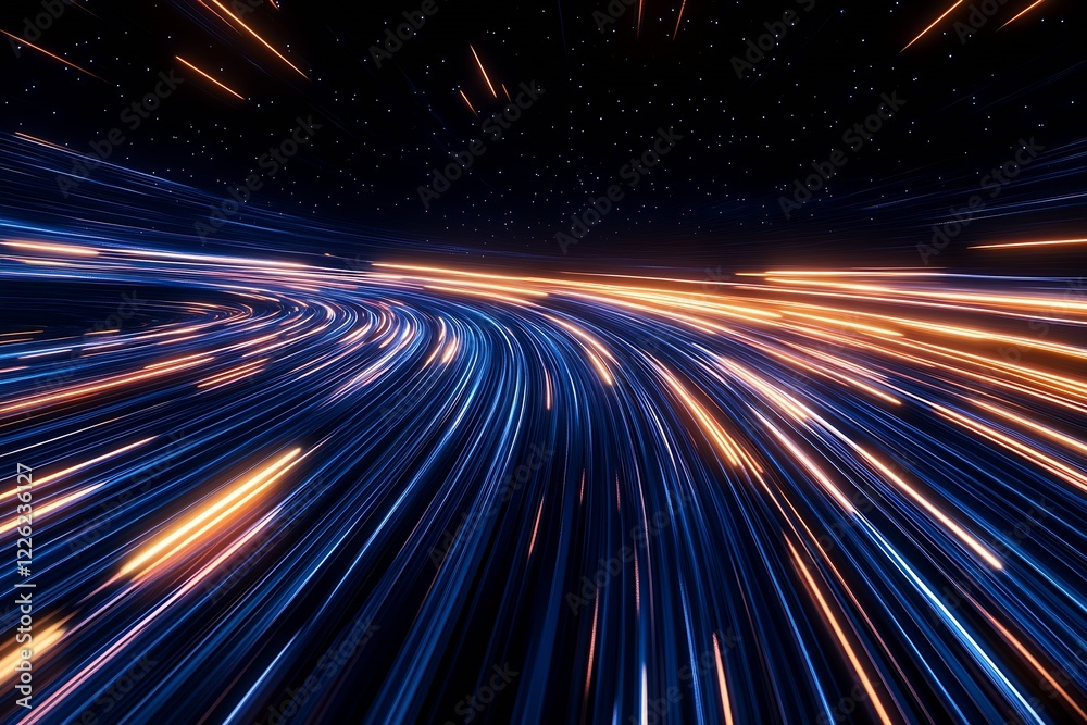Poster Illuminated Light Streaks Creating a Dynamic Pathway in Space Over a Starry Background : Generative AI